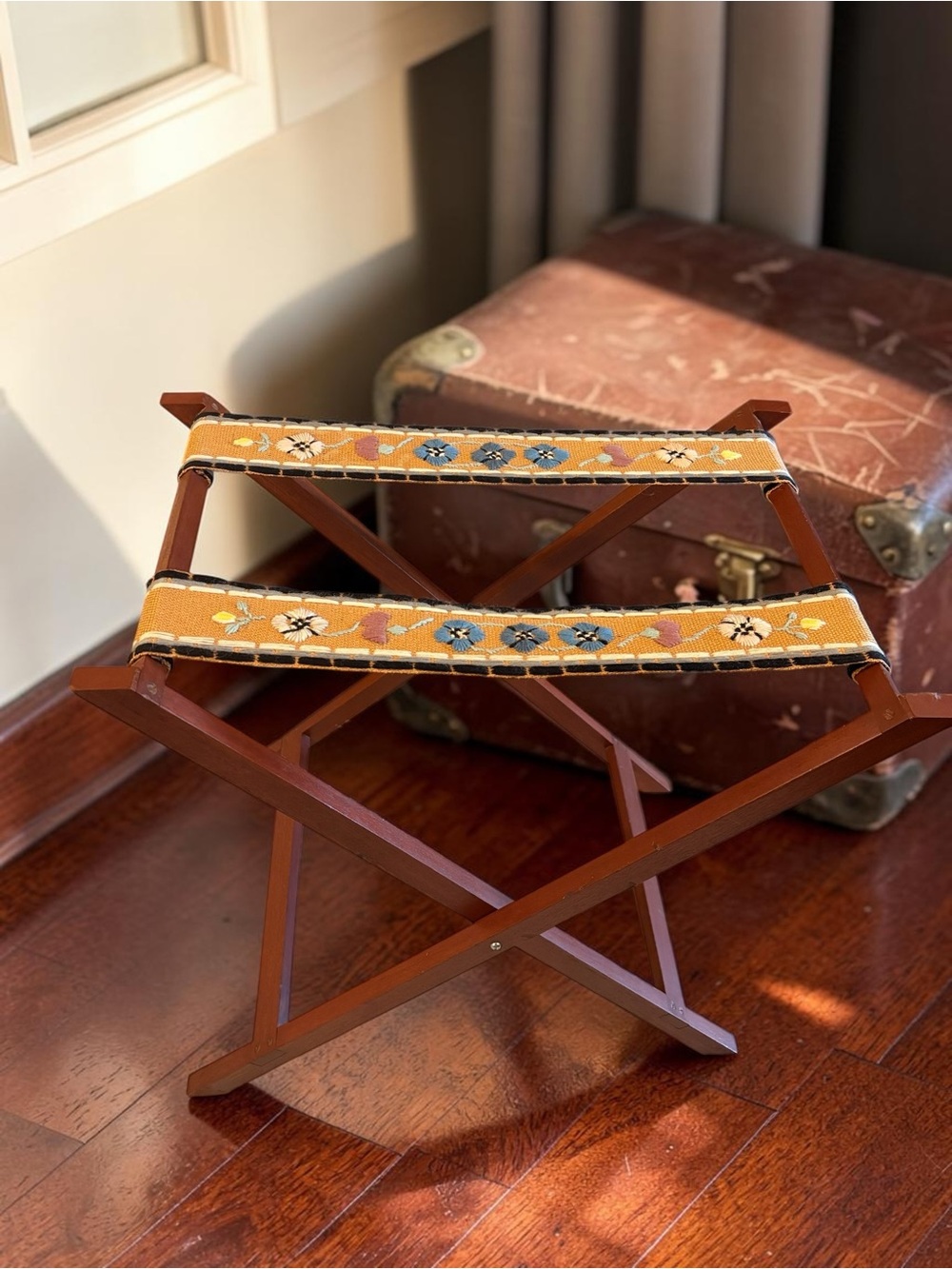 Vintage Scheibe Inspired Folding Luggage Rack with handcrafted tapestry